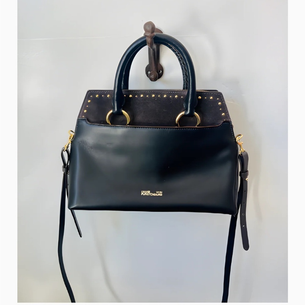 Diane Von Furstenberg Charcoal Grey and Gold Satchel with Structured Design